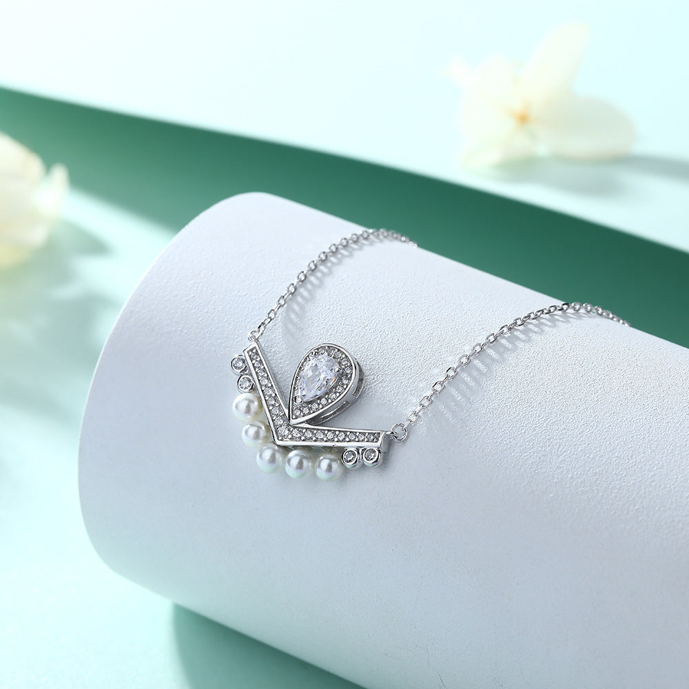 Elegant Chevron Tiara Pearl Fringe Necklace-ear Cut Halo V-Bar Pendant