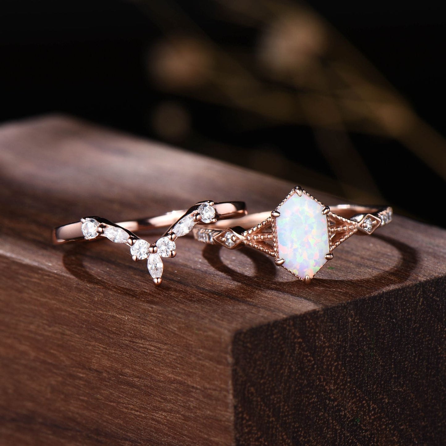 Elongated Hexagon Opal Engagement Ring Set with Milgrain Detailing & Curved Stacking Band
