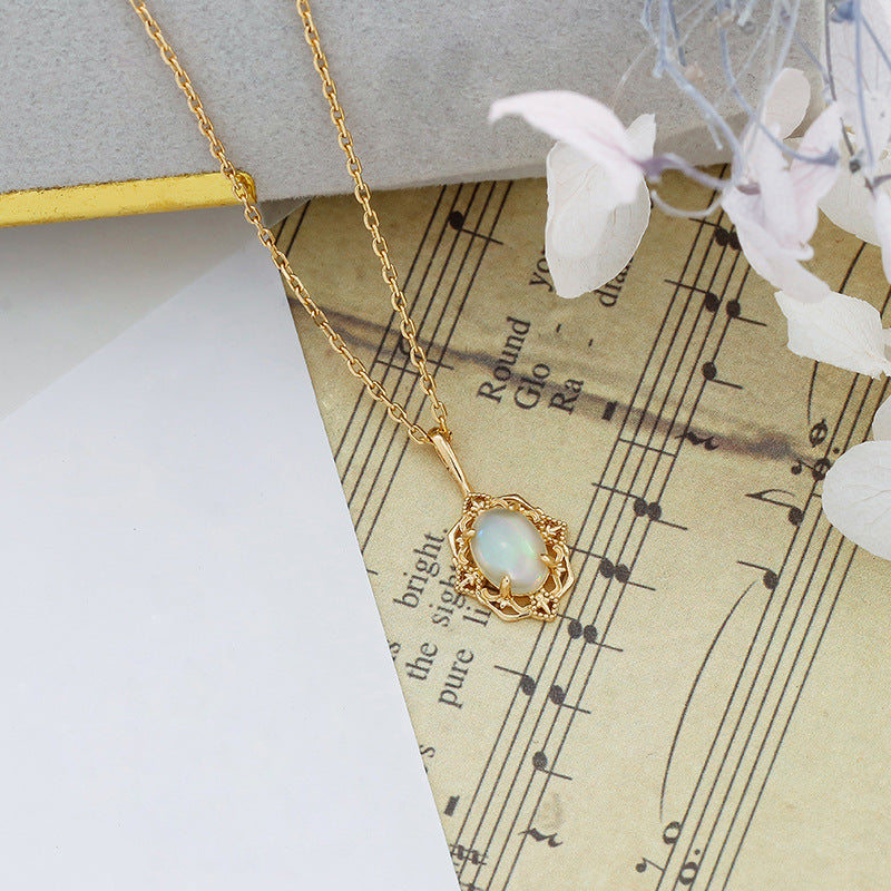 Oval Ethiopian Opal Necklace • Vintage Filigree Lace Pendant Jewelry