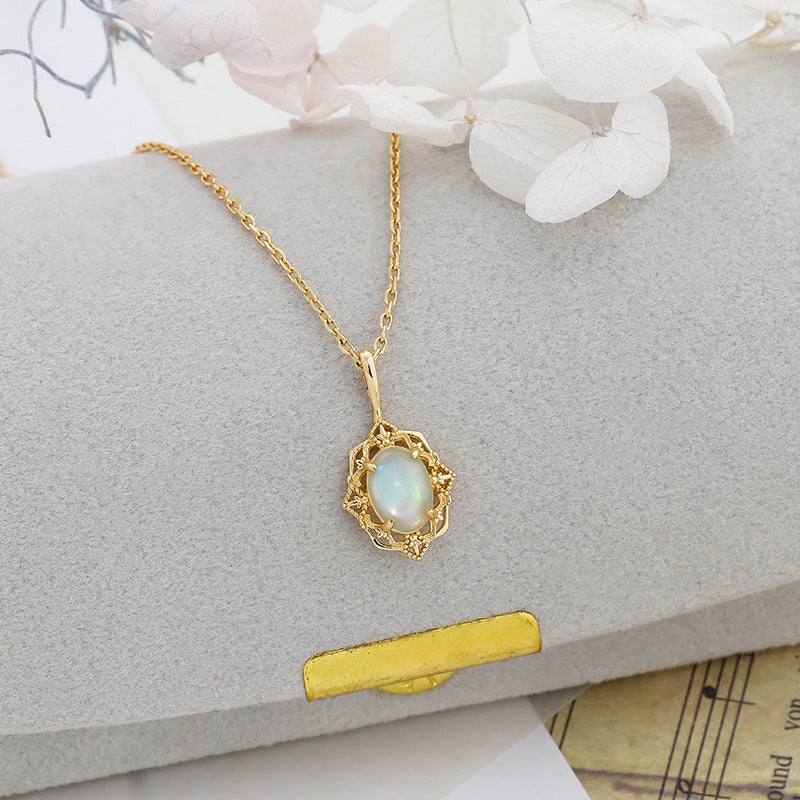Oval Ethiopian Opal Necklace • Vintage Filigree Lace Pendant Jewelry