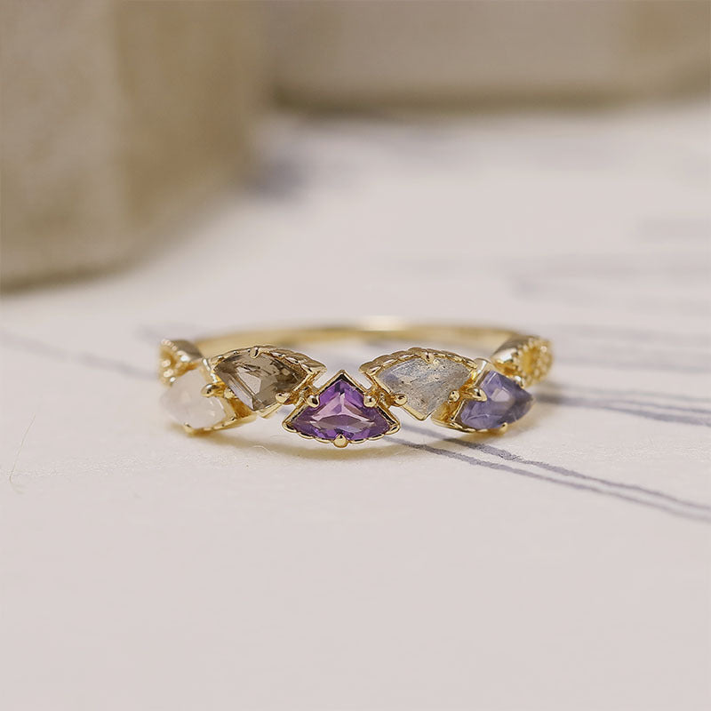 Smoky Quartz Amethyst Labradorite Triangle Wedding Ring Stacking Band