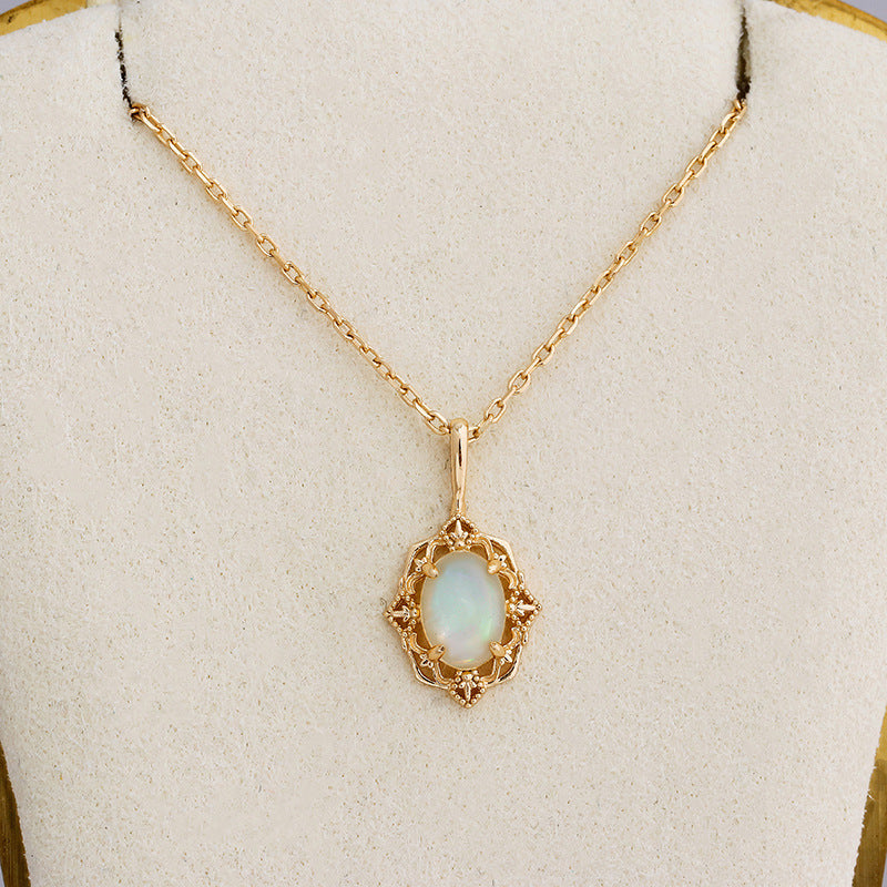 Oval Ethiopian Opal Necklace • Vintage Filigree Lace Pendant Jewelry