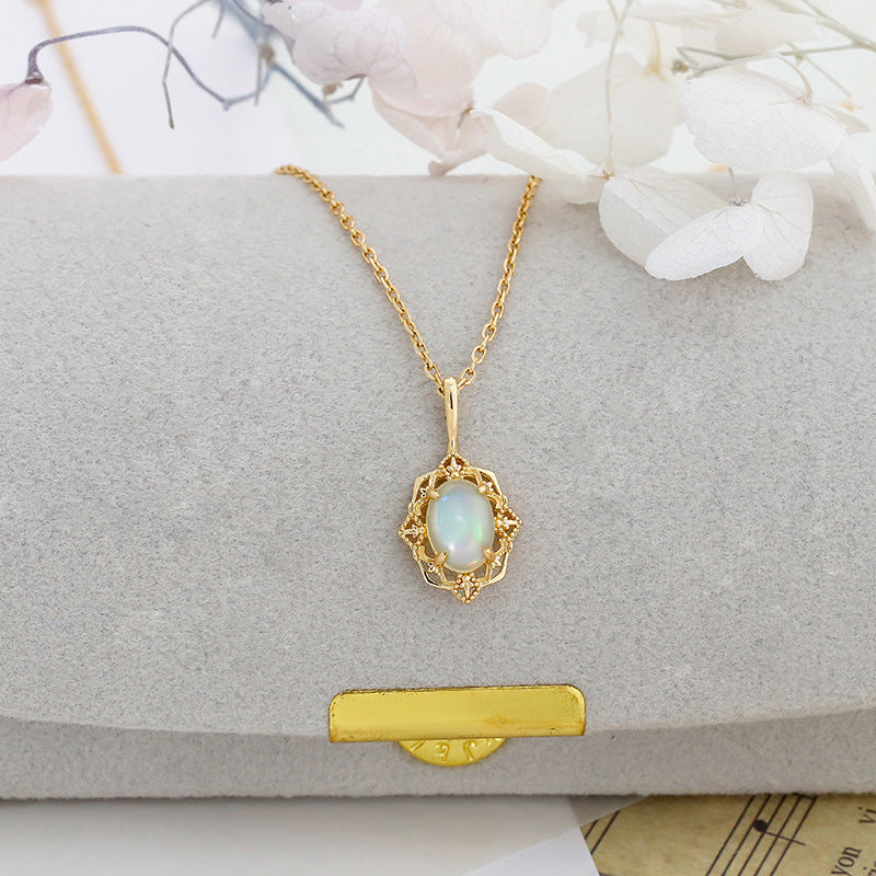 Oval Ethiopian Opal Necklace • Vintage Filigree Lace Pendant Jewelry