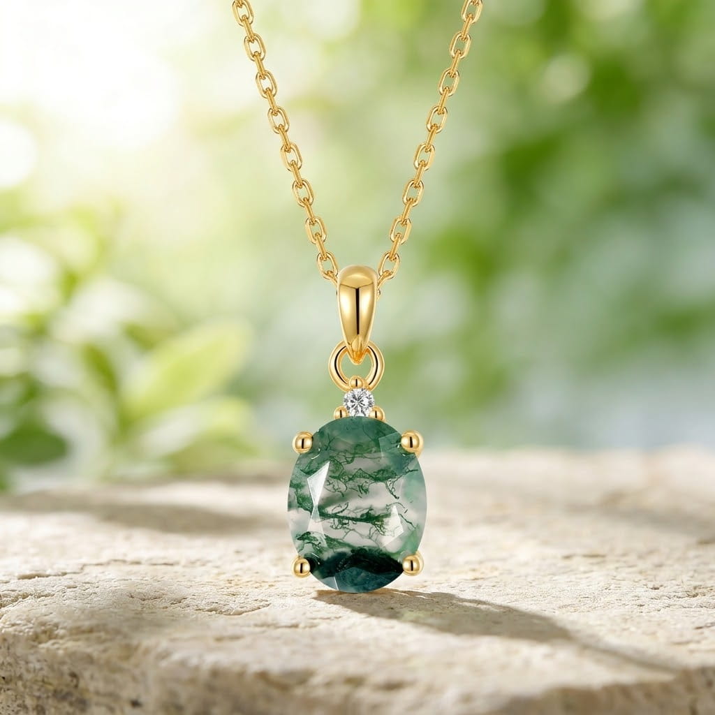 7x9 MM Oval Cut Moss Agate Minimalist Pendant Necklace