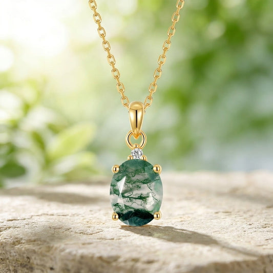 7x9 MM Oval Cut Moss Agate Minimalist Pendant Necklace