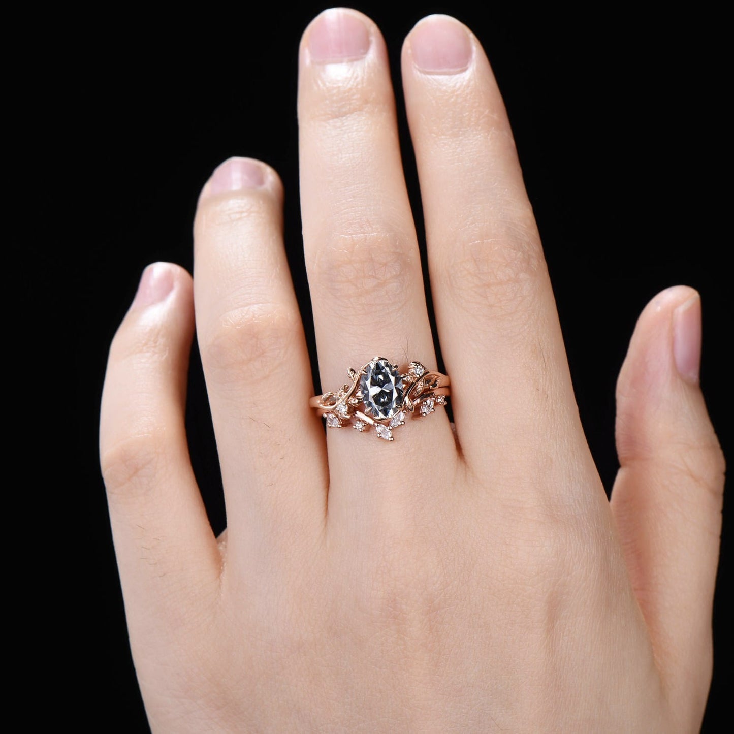 Nature-Inspired Oval Grey Moissanite Bridal Set | Rose Gold Vine Engagement Ring with Curved Marquise Band