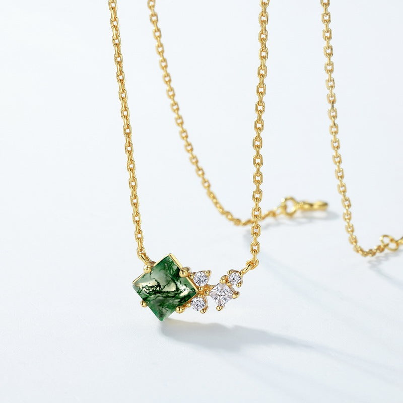 Princess-Cut Moss Agate Necklace - Dainty Geometric Cluster Jewelry for Her