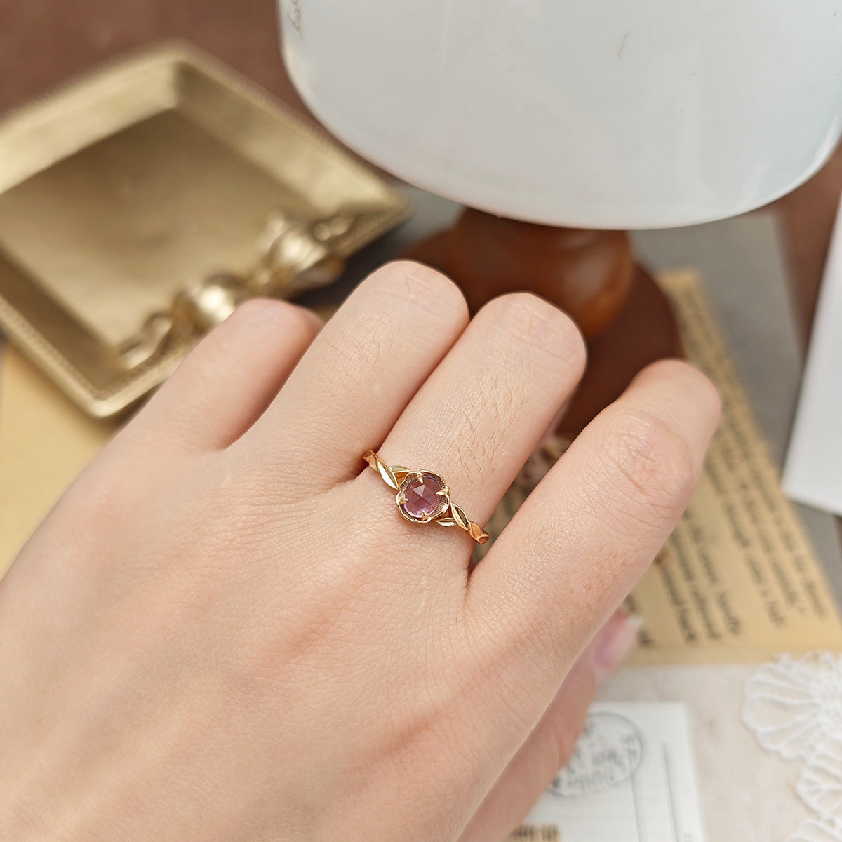 Unique Amethyst Engagement Ring Set, Nature Inspired Leaf Design Promise Ring for Women