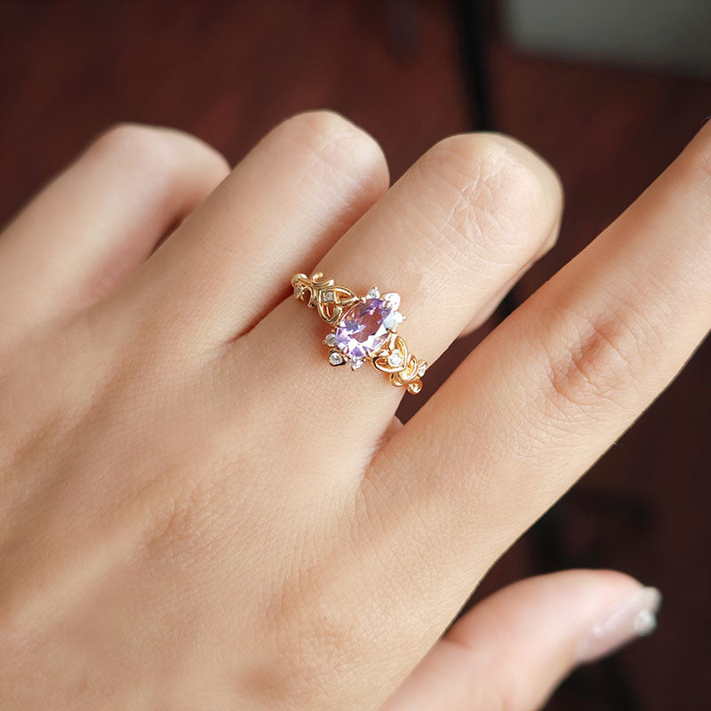 Vintage Oval Amethyst Engagement Ring Filigree Silver Gold Band