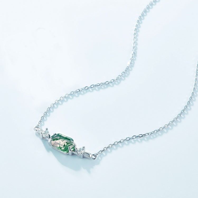 10x5mm Hexagon Cut Moss Agate East To West Necklace Pendant