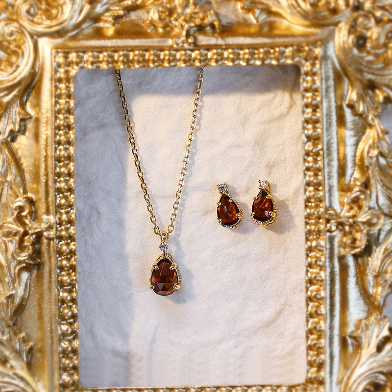 Minimalist Teardrop Garnet Pendant Necklace Earrings, January Birthstone Wedding Set