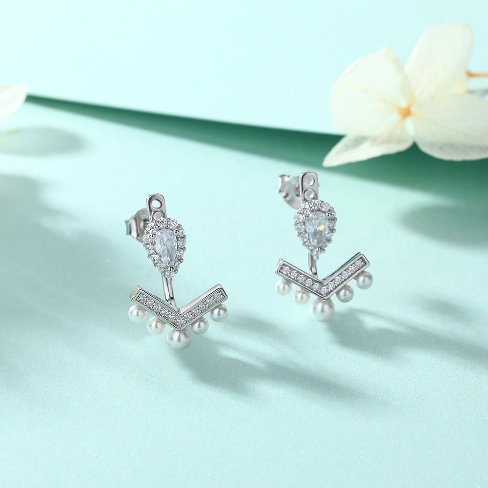 Pear Cut Halo Stud Earrings- Elegant Chevron Tiara Pearl Ear Jackets