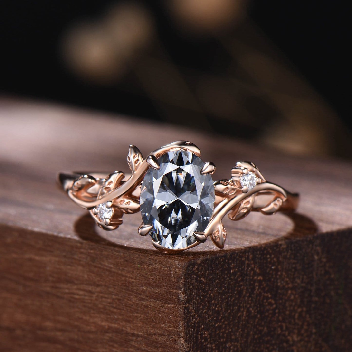 Nature-Inspired Oval Grey Moissanite Bridal Set | Rose Gold Vine Engagement Ring with Curved Marquise Band