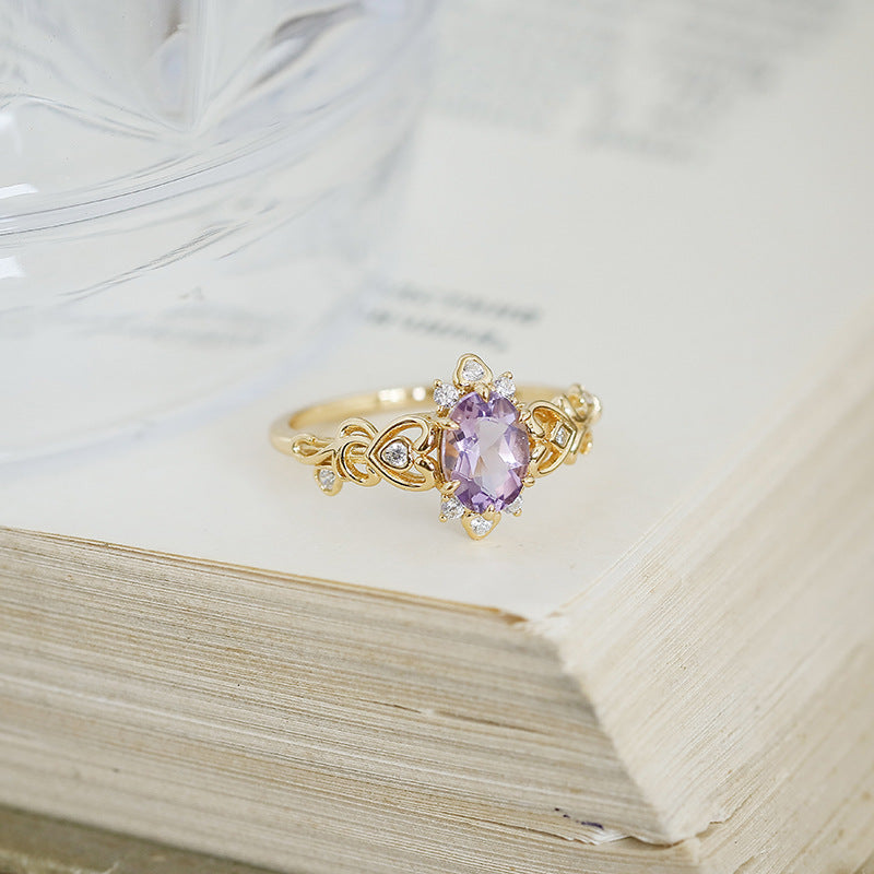 Vintage Oval Amethyst Engagement Ring Filigree Silver Gold Band