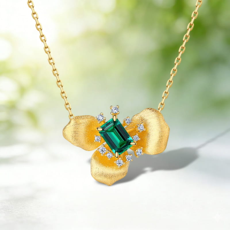 Gold Plated Sterling Silver Lab-Grown Emerald Flower Necklace