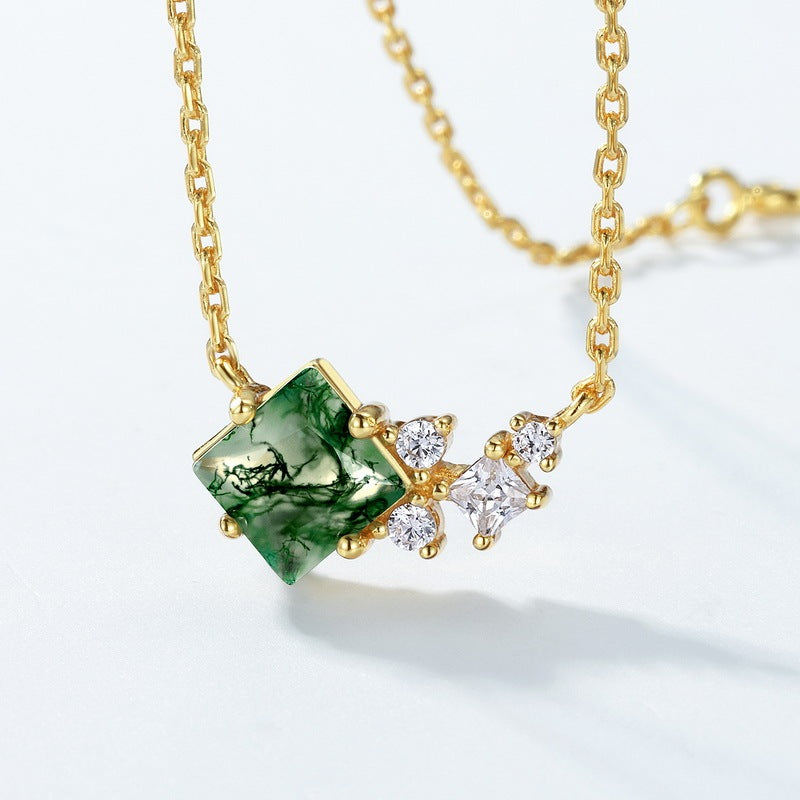 Princess-Cut Moss Agate Necklace - Dainty Geometric Cluster Jewelry for Her