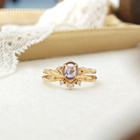 Unique Amethyst Engagement Ring Set, Nature Inspired Leaf Design Promise Ring for Women