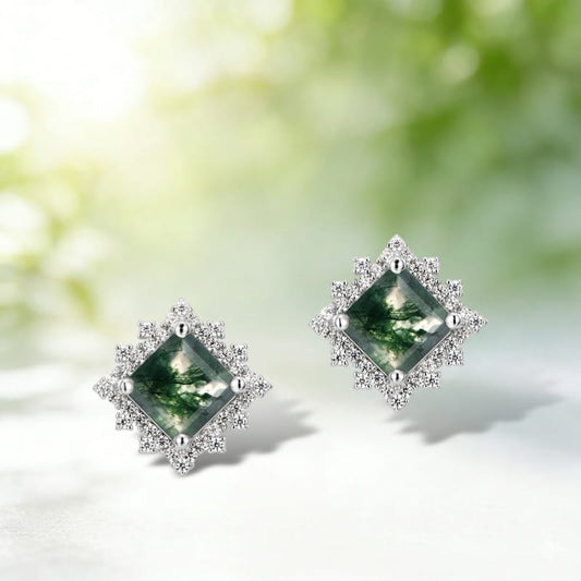 Snowflake Princess Cut Moss Agate Stud Earrings