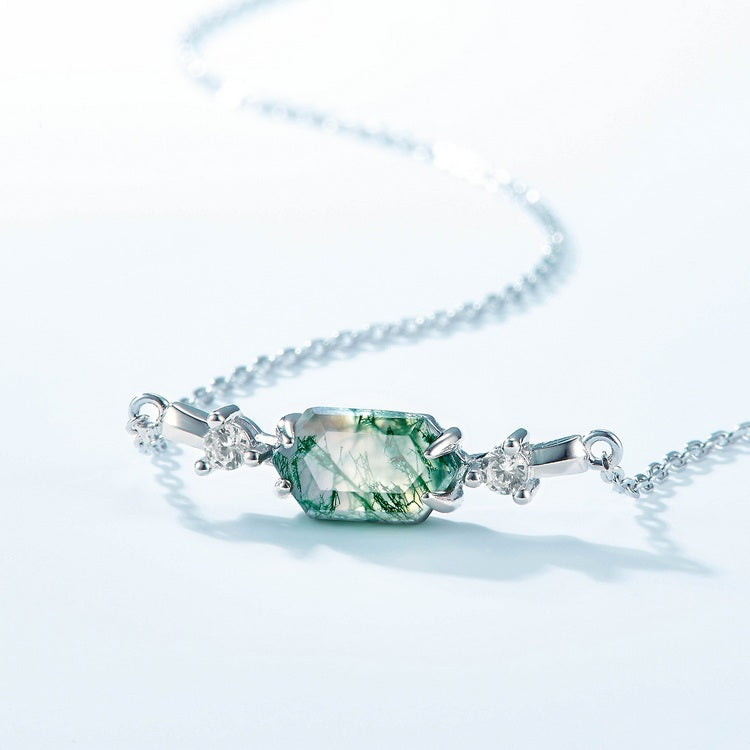 10x5mm Hexagon Cut Moss Agate East To West Necklace Pendant