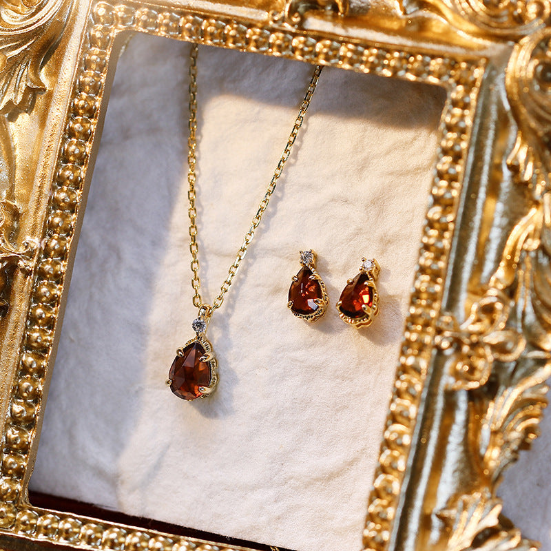 Minimalist Teardrop Garnet Pendant Necklace Earrings, January Birthstone Wedding Set