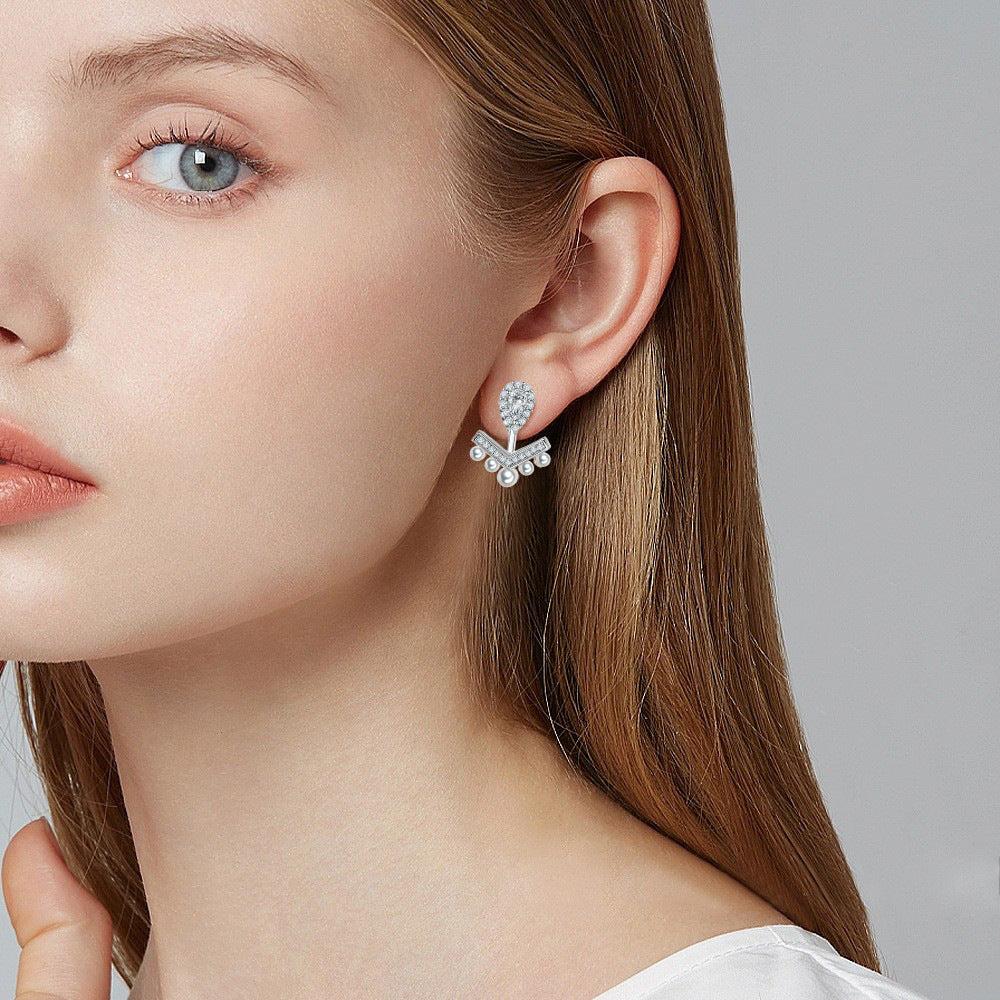 Pear Cut Halo Stud Earrings- Elegant Chevron Tiara Pearl Ear Jackets