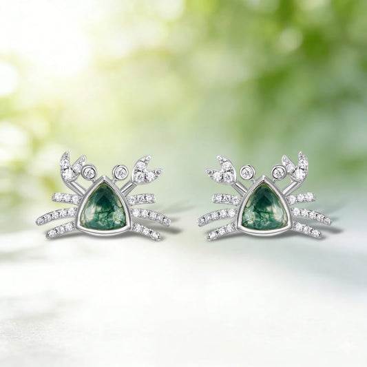 Ocean Series Trillion Moss Agate Crab Stud Earrings