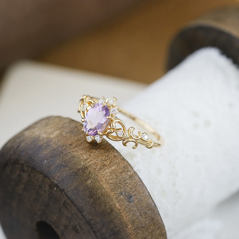 Vintage Oval Amethyst Engagement Ring Filigree Silver Gold Band