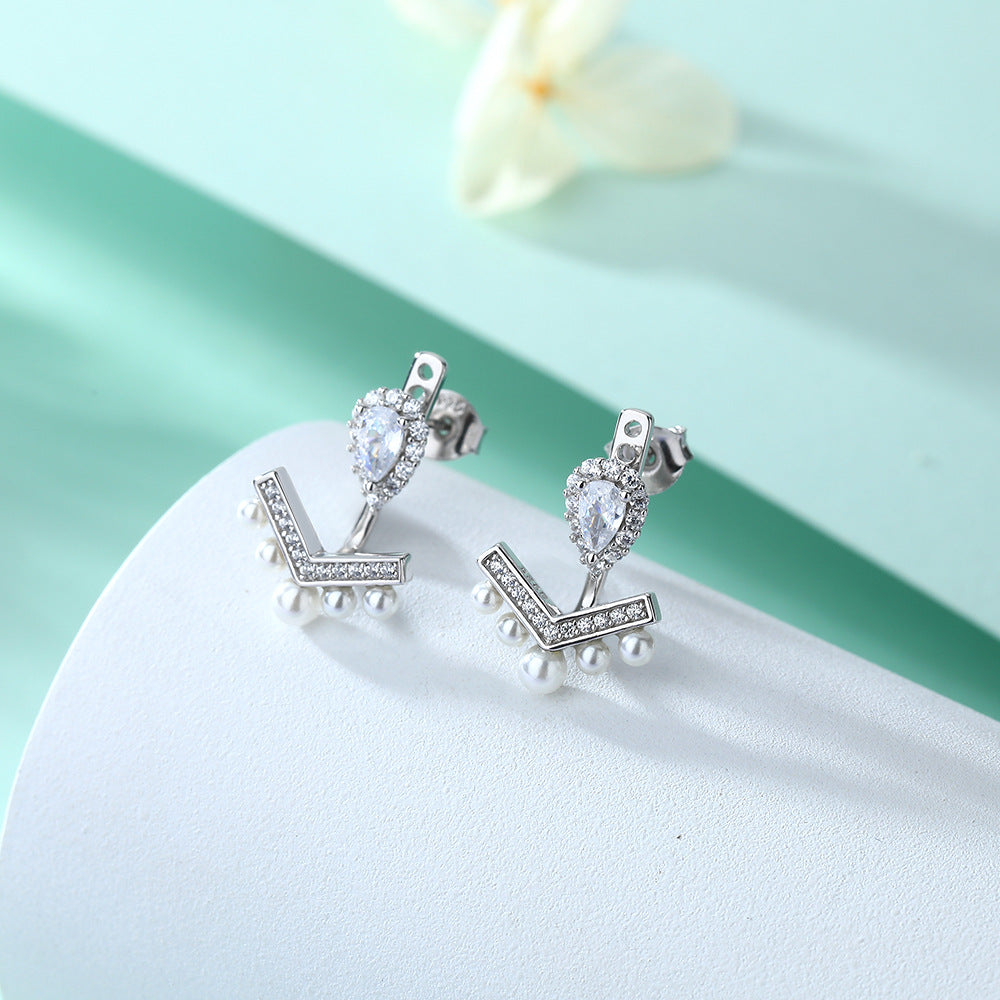 Pear Cut Halo Stud Earrings- Elegant Chevron Tiara Pearl Ear Jackets