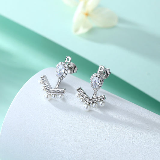 Pear Cut Halo Stud Earrings- Elegant Chevron Tiara Pearl Ear Jackets