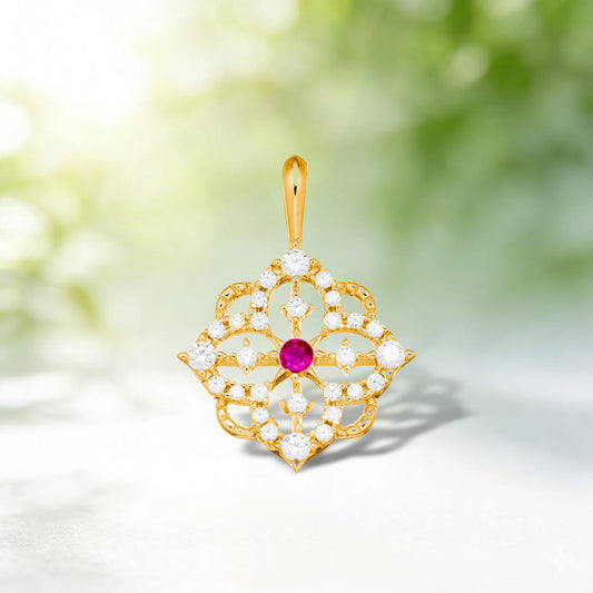 Vintage Style Red Corundum Neckalce  Filigree Floral Pendant