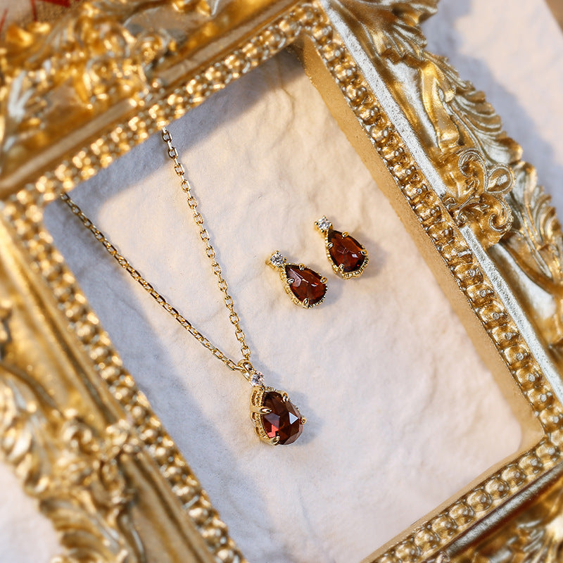 Minimalist Teardrop Garnet Pendant Necklace Earrings, January Birthstone Wedding Set