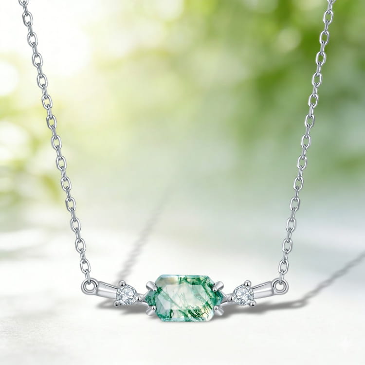 10x5mm Hexagon Cut Moss Agate East To West Necklace Pendant