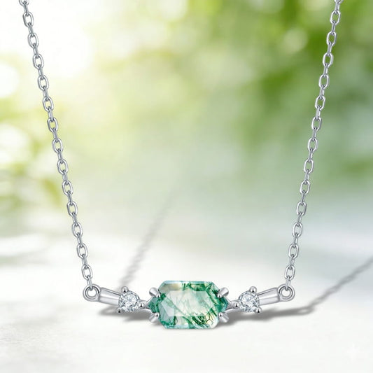 10x5mm Hexagon Cut Moss Agate East To West Necklace Pendant