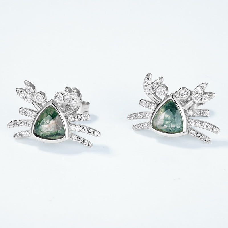 Ocean Series Trillion Moss Agate Crab Stud Earrings