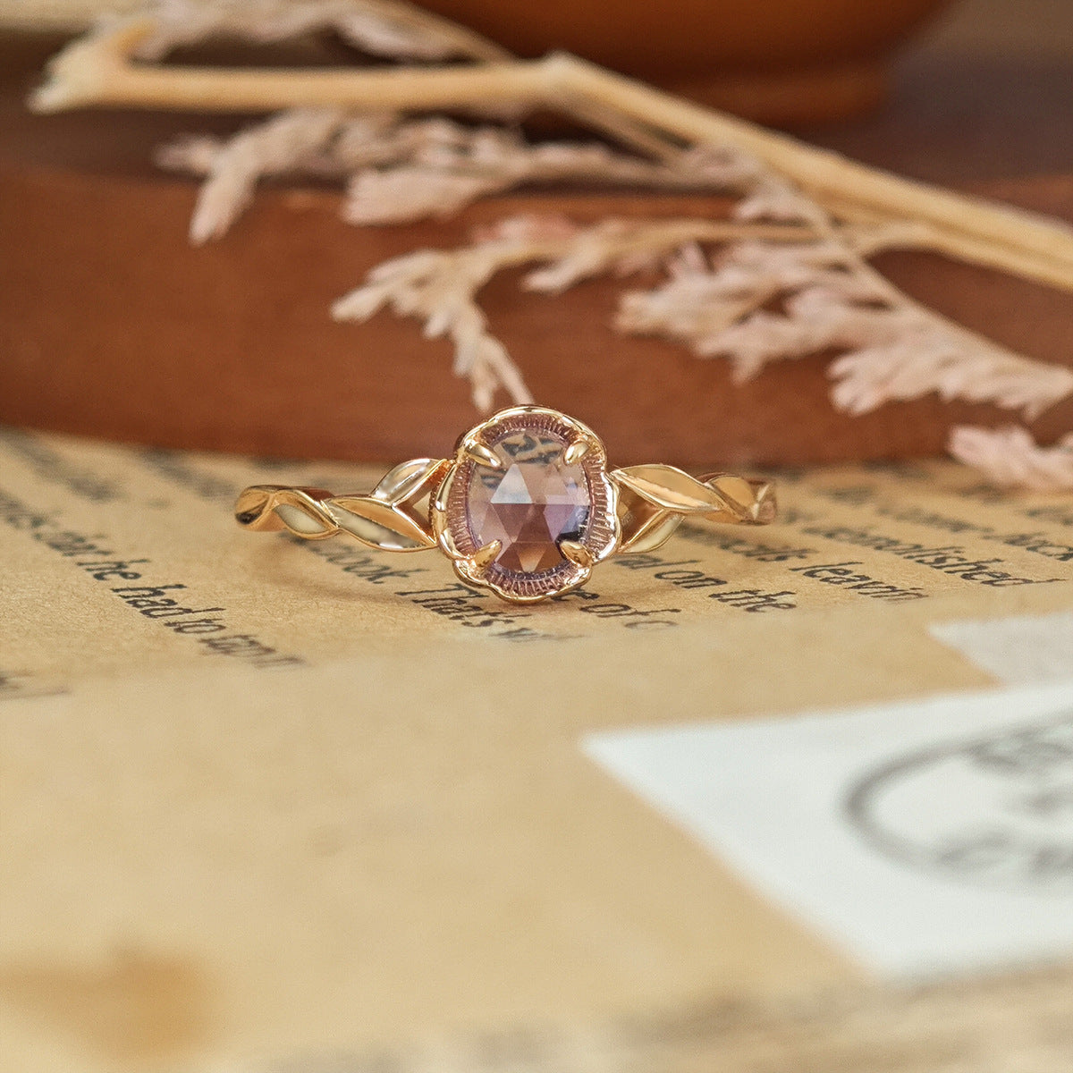 Unique Amethyst Engagement Ring Set, Nature Inspired Leaf Design Promise Ring for Women