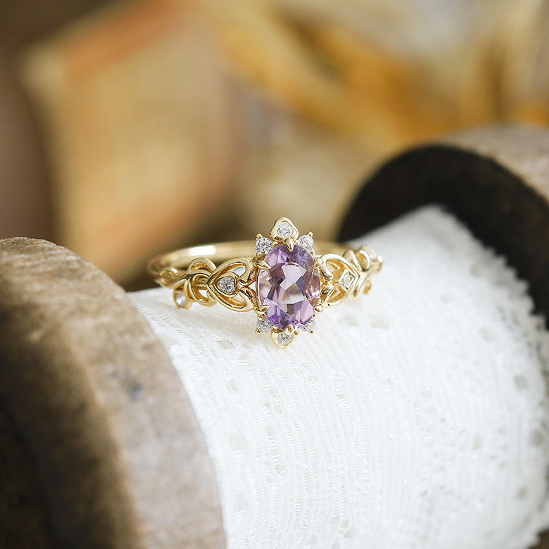 Vintage Oval Amethyst Engagement Ring Filigree Silver Gold Band