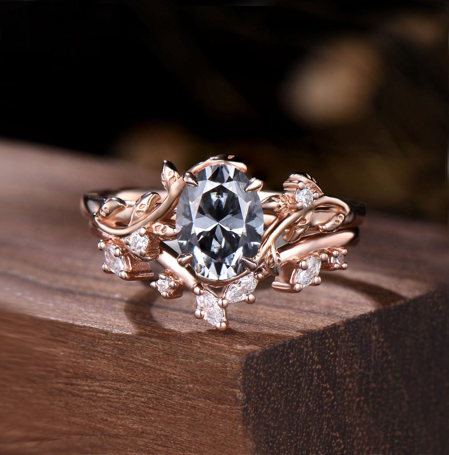 Nature-Inspired Oval Grey Moissanite Bridal Set | Rose Gold Vine Engagement Ring with Curved Marquise Band
