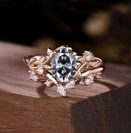 Nature-Inspired Oval Grey Moissanite Bridal Set | Rose Gold Vine Engagement Ring with Curved Marquise Band