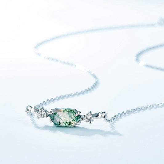 10x5mm Hexagon Cut Moss Agate East To West Necklace Pendant