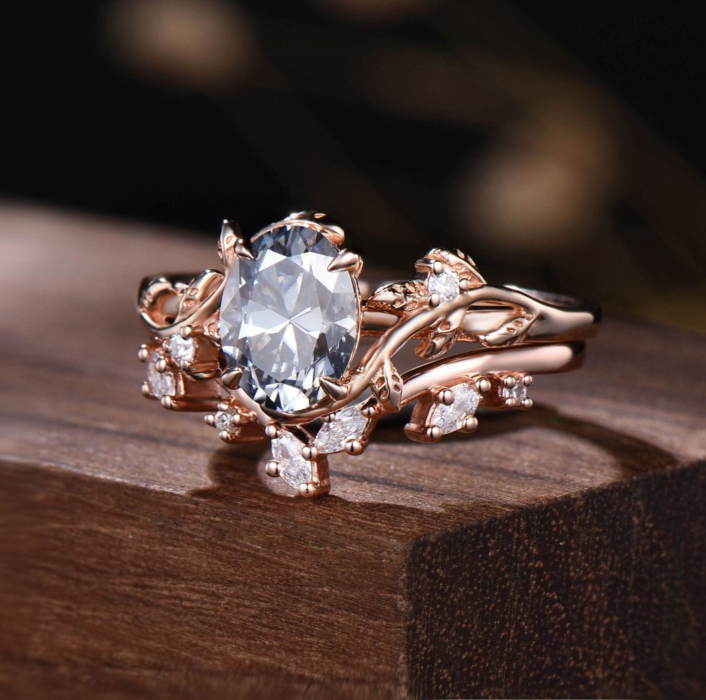 Nature-Inspired Oval Grey Moissanite Bridal Set | Rose Gold Vine Engagement Ring with Curved Marquise Band