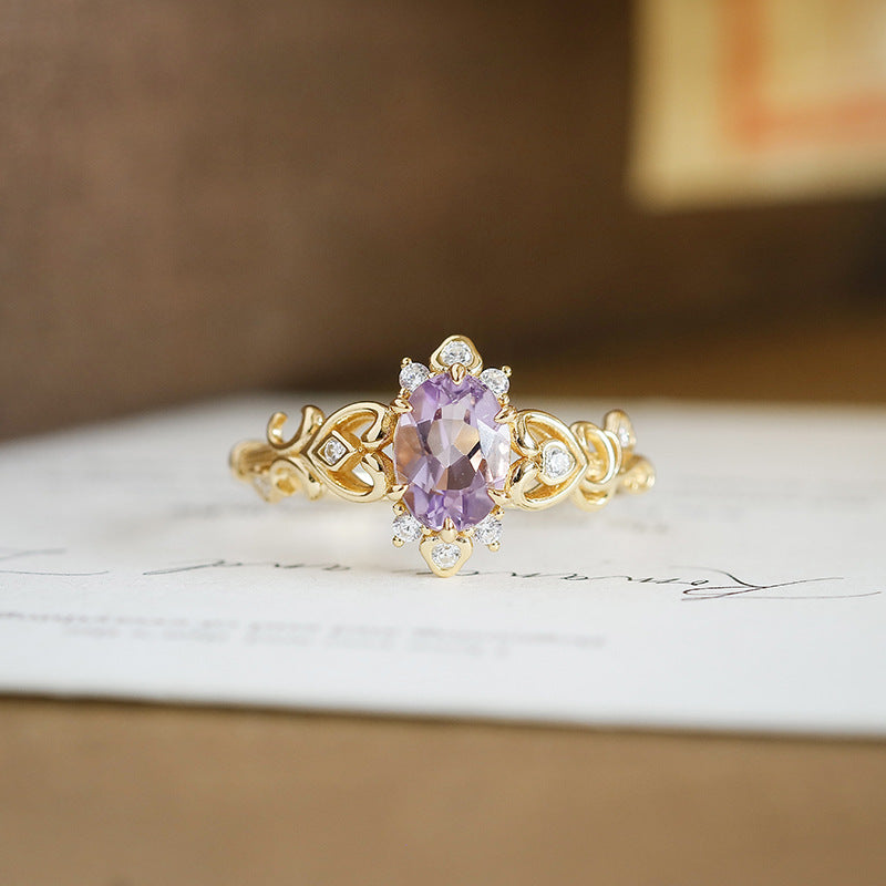 Vintage Oval Amethyst Engagement Ring Filigree Silver Gold Band