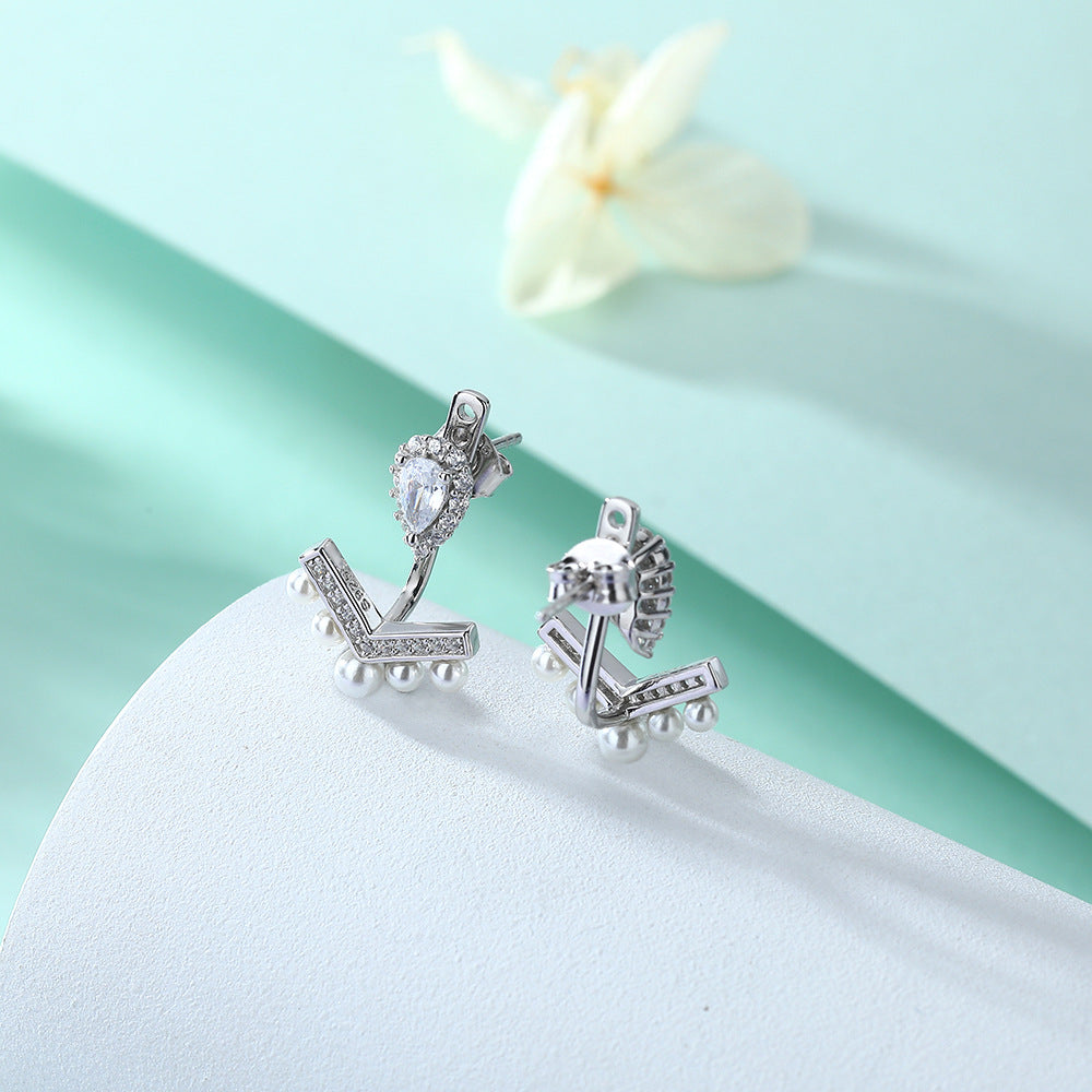 Pear Cut Halo Stud Earrings- Elegant Chevron Tiara Pearl Ear Jackets