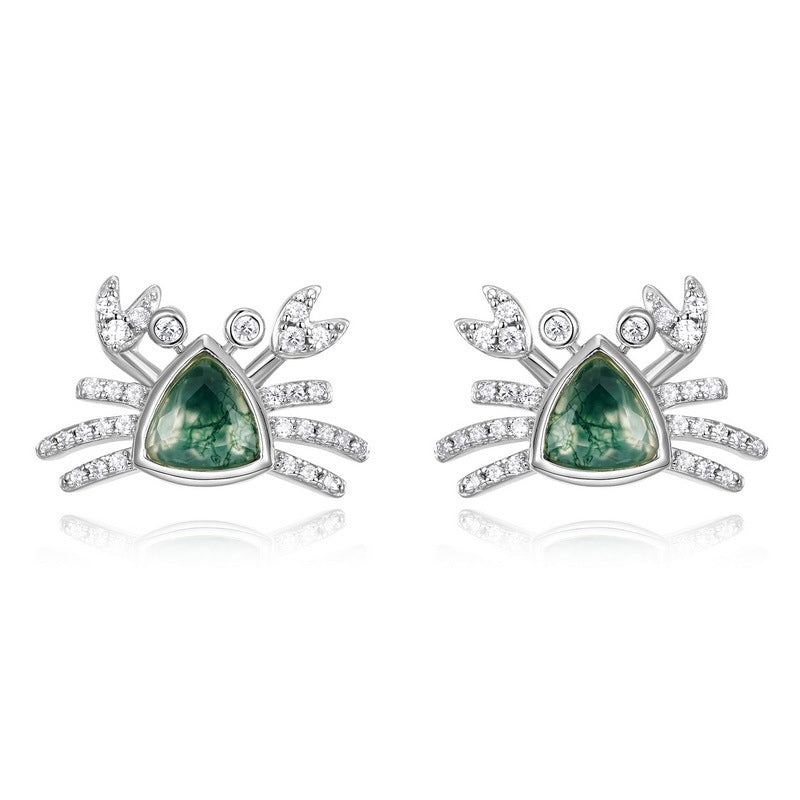 Ocean Series Trillion Moss Agate Crab Stud Earrings