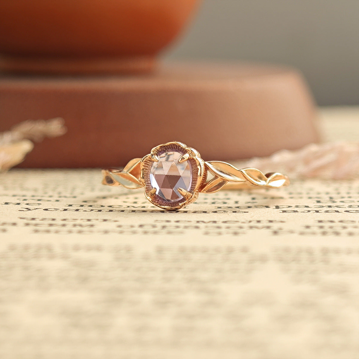 Unique Amethyst Engagement Ring Set, Nature Inspired Leaf Design Promise Ring for Women