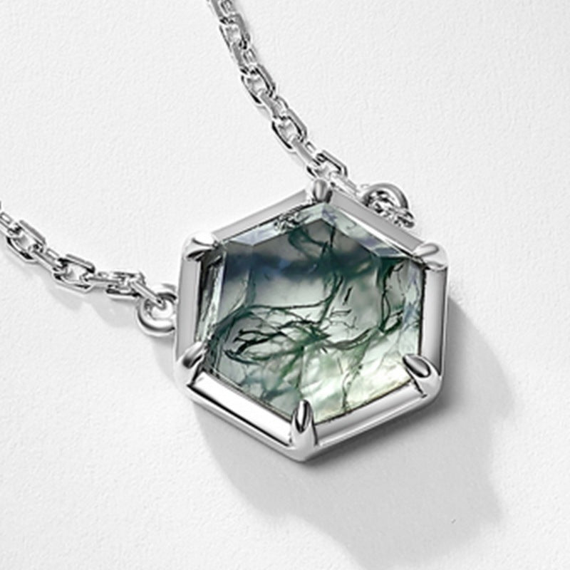 8mm Hexagon Cut Natural Bezel Moss Agate Necklace