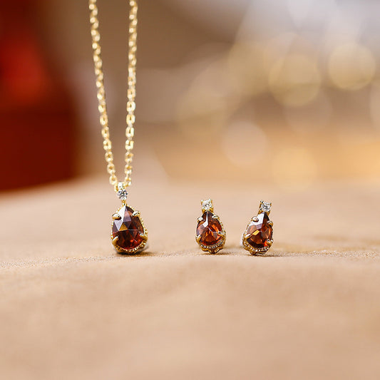 Minimalist Teardrop Garnet Pendant Necklace Earrings, January Birthstone Wedding Set