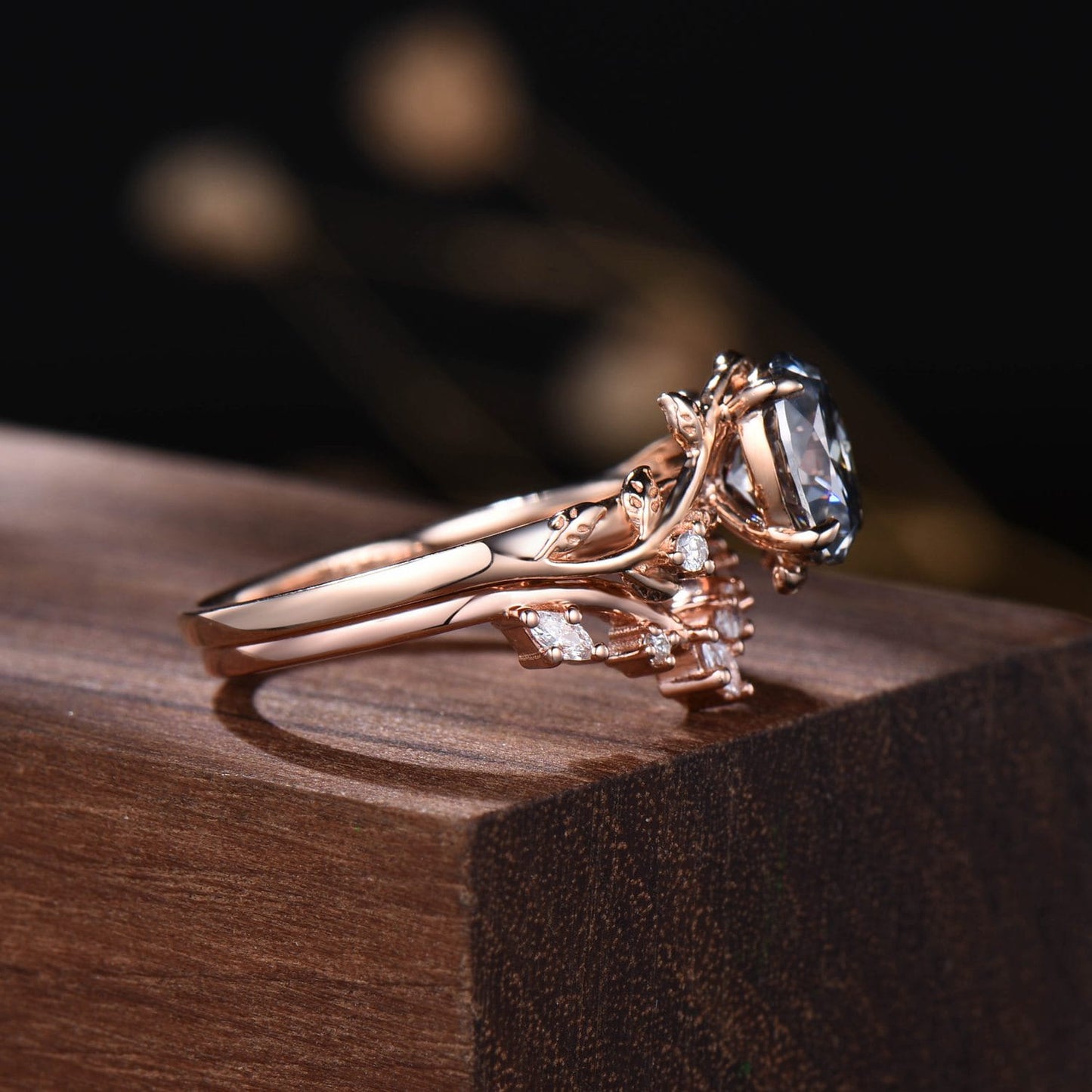 Nature-Inspired Oval Grey Moissanite Bridal Set | Rose Gold Vine Engagement Ring with Curved Marquise Band