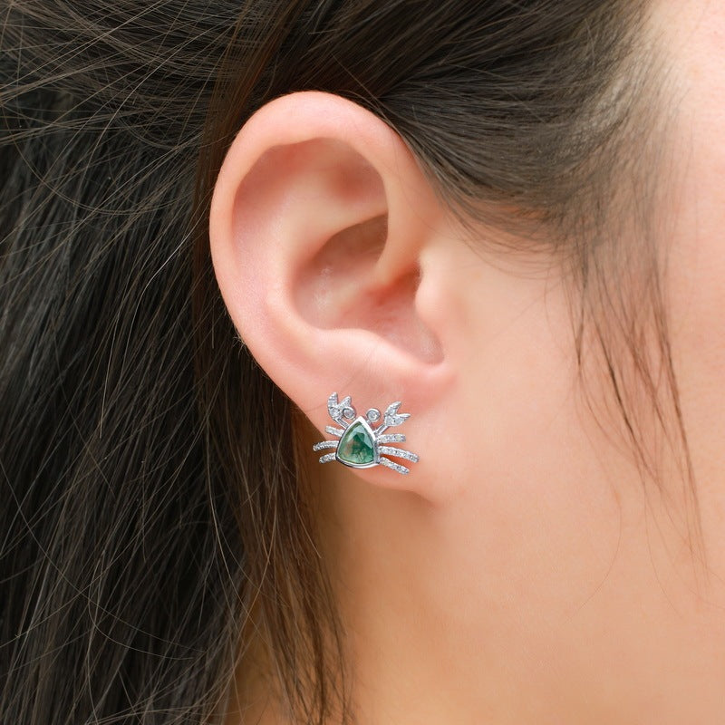 Ocean Series Trillion Moss Agate Crab Stud Earrings