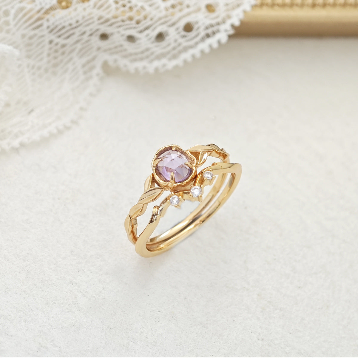 Unique Amethyst Engagement Ring Set, Nature Inspired Leaf Design Promise Ring for Women