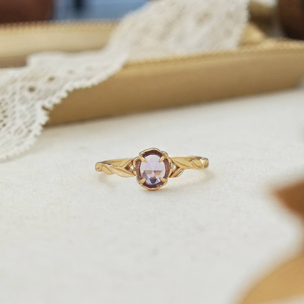 Unique Amethyst Engagement Ring Set, Nature Inspired Leaf Design Promise Ring for Women